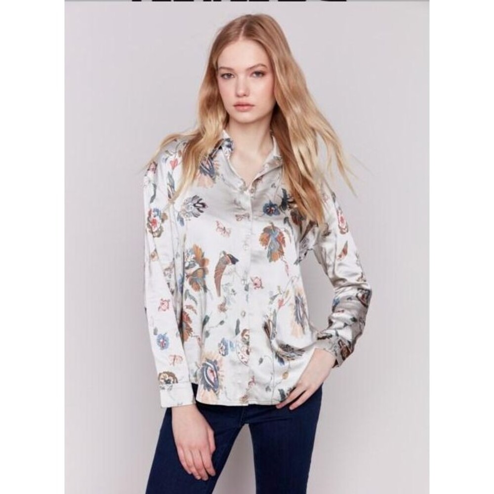 NWT Charlie B Printed Satin Button- Down Shirt Women's Petite Small NEW